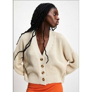 Rita Row 100% Organic Cotton Sclater Chunky Rib Oversized Boxy Cream Cardigan L